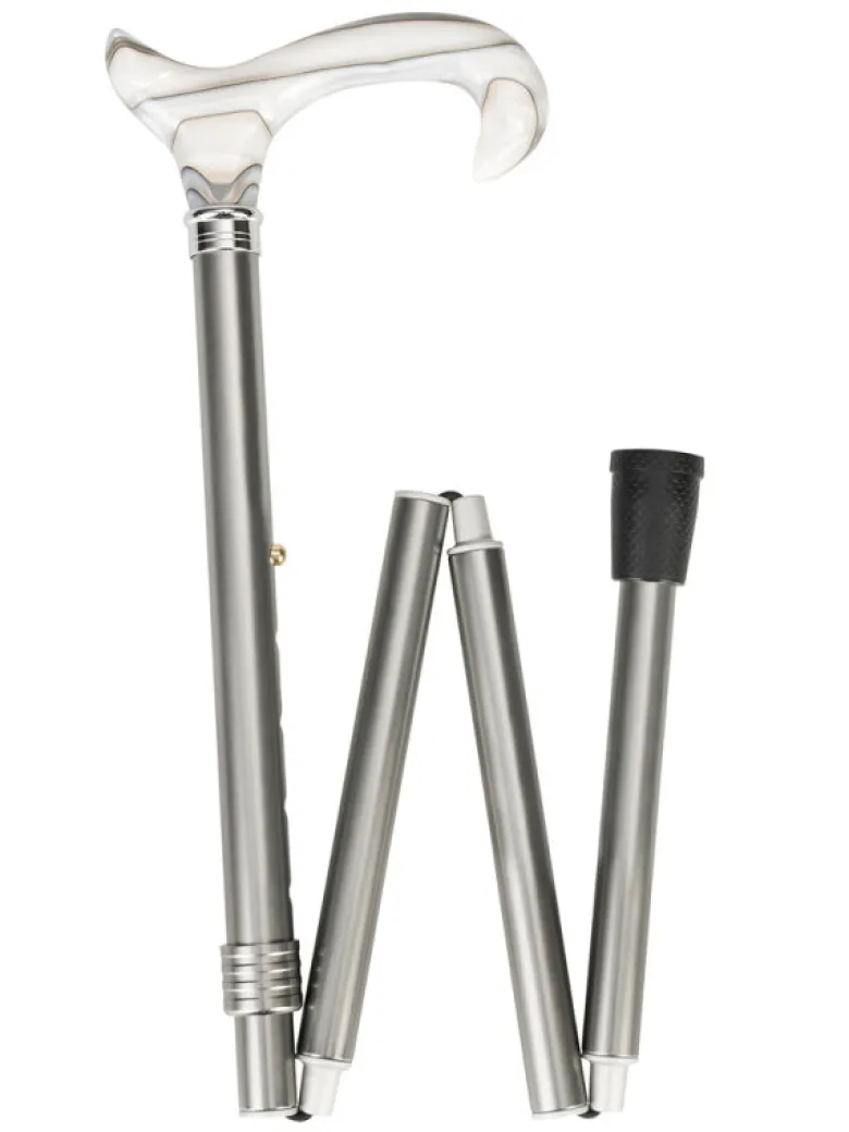 Ossenberg faltbarer Leichtmetallstock metallic grau mit silber-weißem Derbygriff