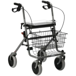 Russka Rollator silber, mit Stockhalter, Korb und Tablett